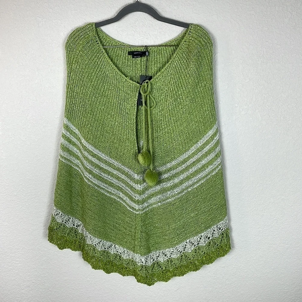 NWT Vertigo Olive Green Combo Knit Poncho Cape and Fuzzy Pom Poms Sz S